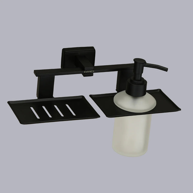Evanex Stainless Steel Black Matt Soap Dish & Liquid Soap Dispenser for Bathroom (25.8X13X15.5 CM)