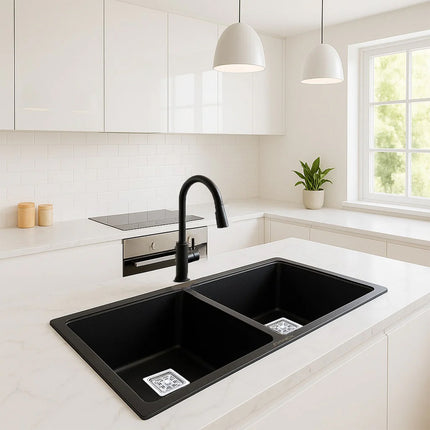 Quartz Double Bowl Kitchen Sink (37 x 18 x 9 Inches) ( Black)