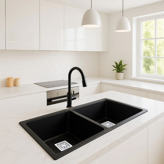 Quartz Double Bowl Kitchen Sink (37 x 18 x 9 Inches) ( Black)