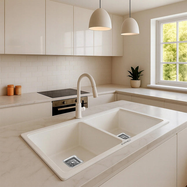 Quartz Double Bowl Kitchen Sink (45x20x 10Inches) ( White)