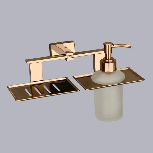Evanex Stainless Steel Rose Gold Soap Dish & Liquid Soap Dispenser for Bathroom (25.8X13X15.5 CM)