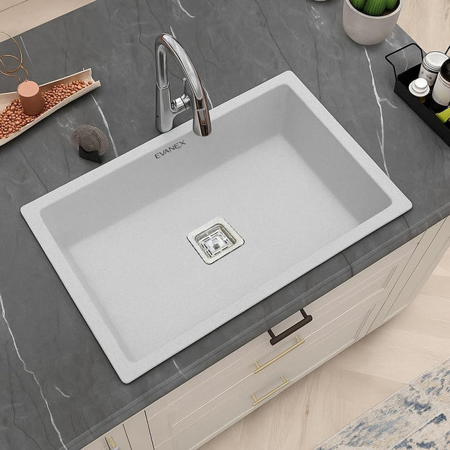 Quartz Single Bowl Kitchen Sink (24 x 18 x 9 Inches) ( White)