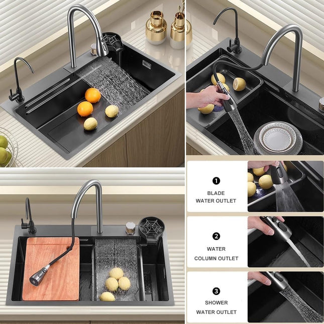 Waterfall Smart Kitchen Sink (24 x 18 x 9 Inches) | Heavy Stainless Steel Sink