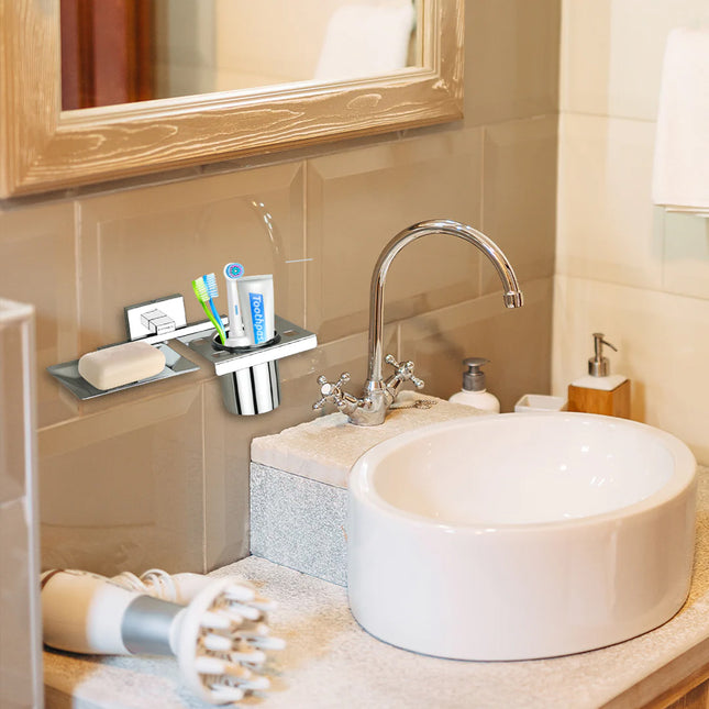 Evanex Stainless Steel Chrome Soap Dish & Tumbler Holder (25.4X12.3X11.3 CM)