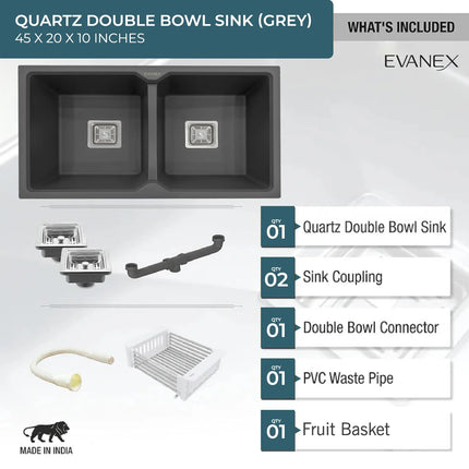 Quartz Double Bowl Kitchen Sink (45 x20 x 10 Inches) ( Grey)
