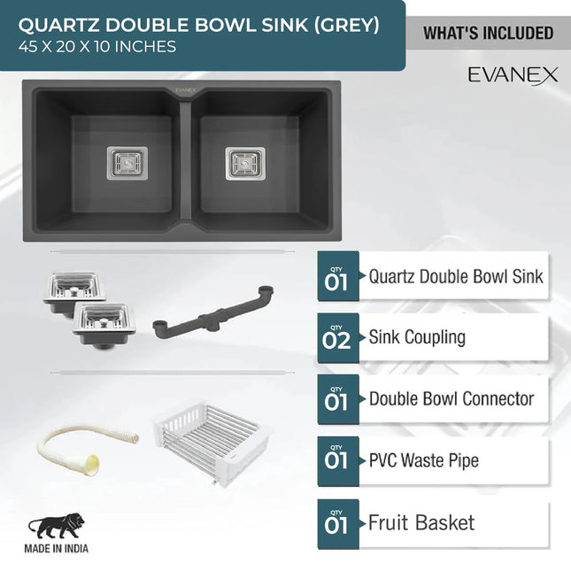 Quartz Double Bowl Kitchen Sink (45 x20 x 10 Inches) ( Grey)