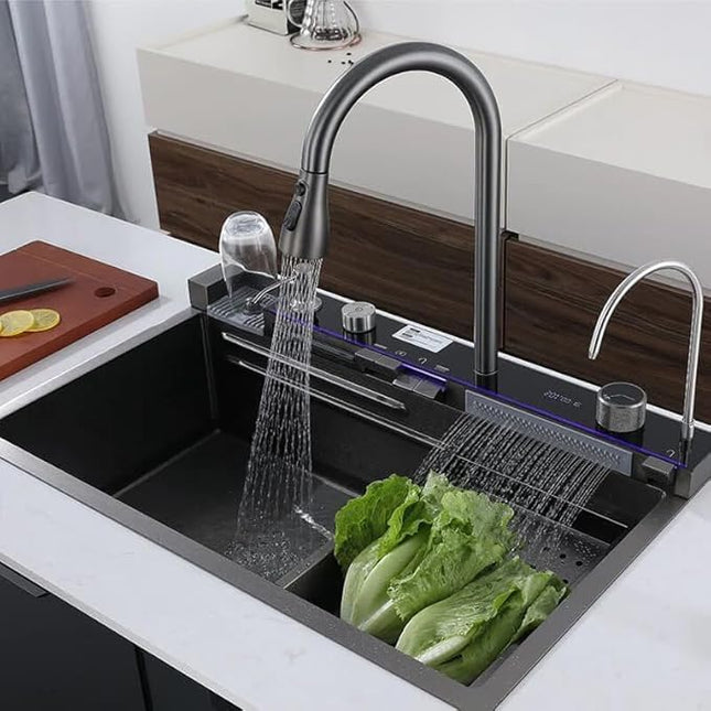 Piano Waterfall Kitchen Sink (30 x 18 x 9 Inches) | Heavy Grade Stainless Steel Sink