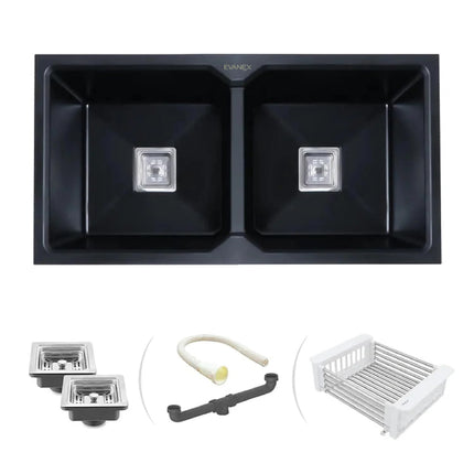 Quartz Double Bowl Kitchen Sink (37 x 18 x 9 Inches) ( Black)