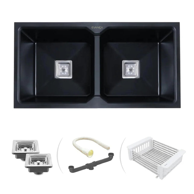 Quartz Double Bowl Kitchen Sink (37 x 18 x 9 Inches) ( Black)