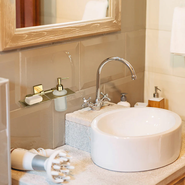 Evanex Stainless Steel Gold Soap Dish & Liquid Soap Dispenser for Bathroom (25.5X15X15.5 CM)