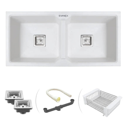 Quartz Double Bowl Kitchen Sink (37 x 18 x 9 Inches) ( White)