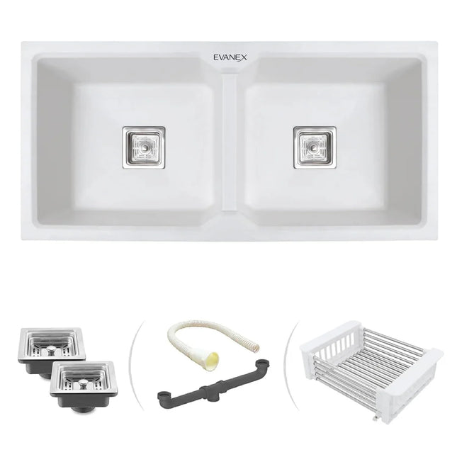 Quartz Double Bowl Kitchen Sink (37 x 18 x 9 Inches) ( White)