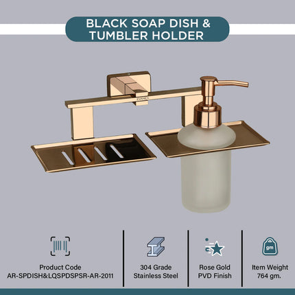 Evanex Stainless Steel Rose Gold Soap Dish & Liquid Soap Dispenser for Bathroom (25.8X13X15.5 CM)