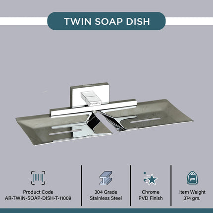 Evanex Stainless Steel Chrome Twin Soap Dish Holder for Bathroom (25.4X12.3X4 CM)