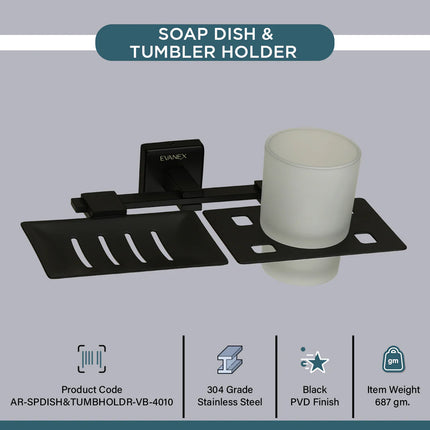 Evanex Stainless Steel Black Matt Soap Dish & Tumbler Holder for Bathroom (25.5X15X9.5 CM)