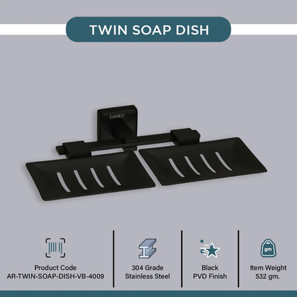 Evanex Stainless Steel Black Matt Twin Soap Dish for Bathroom (25.3X15X4.6 CM)