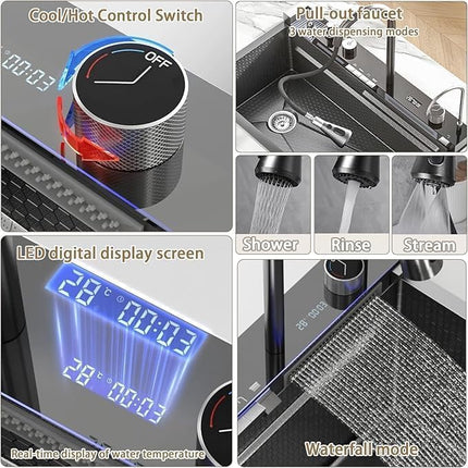 Piano Waterfall Kitchen Sink (30 x 18 x 9 Inches) | Heavy Grade Stainless Steel Sink