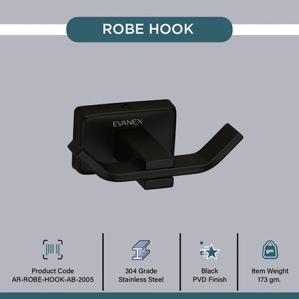 Evanex Stainless Steel Black Matt Robe Hook for Bathroom (9.3X5.2X3.6 CM)