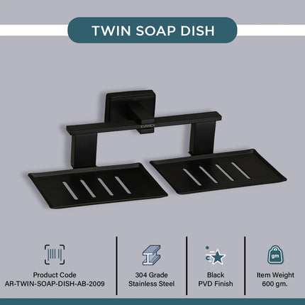 Evanex Stainless Steel Black Matt Twin Soap Dish Holder for Bathroom (26X13X6.3 CM)