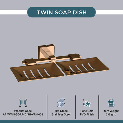 Evanex Stainless Steel Rose Gold Twin Soap Dish for Bathroom (25.3X15X4.6 CM)