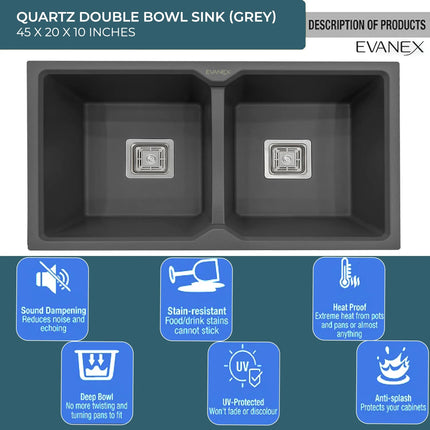 Quartz Double Bowl Kitchen Sink (45 x20 x 10 Inches) ( Grey)