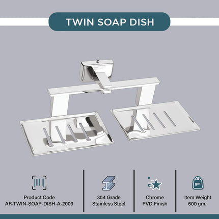 Evanex Stainless Steel Chrome Twin Soap Dish for Bathroom (26X13X6.3 CM)