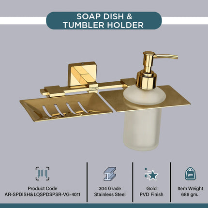 Evanex Stainless Steel Gold Soap Dish & Liquid Soap Dispenser for Bathroom (25.5X15X15.5 CM)