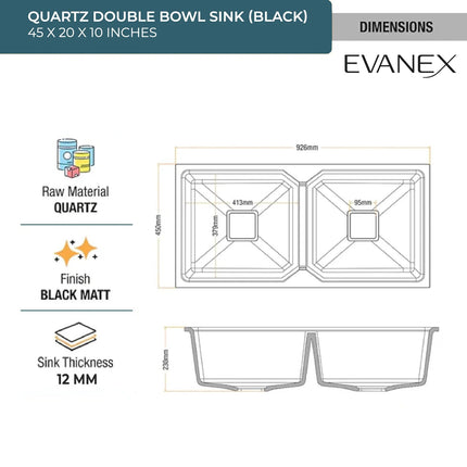 Quartz Double Bowl Kitchen Sink (45 x20 x 10 Inches) ( Black)