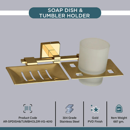 Evanex Stainless Steel Gold Soap Dish & Tumbler Holder for Bathroom (25.8X13X9.5 CM)