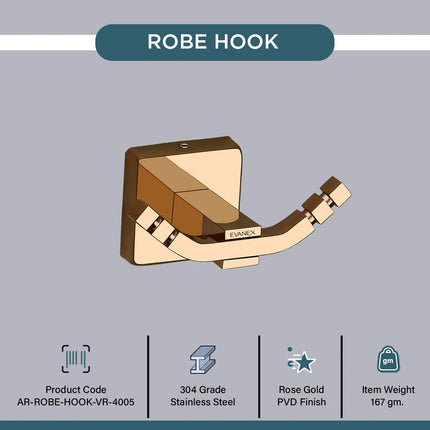 Evanex Stainless Steel Rose Gold Robe/Towel Hook for Bathroom (9.1X5.4X4.6 CM)