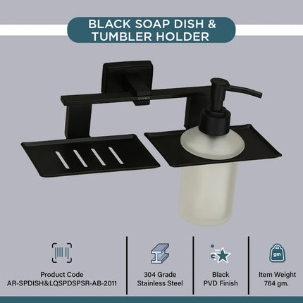 Evanex Stainless Steel Black Matt Soap Dish & Liquid Soap Dispenser for Bathroom (25.8X13X15.5 CM)