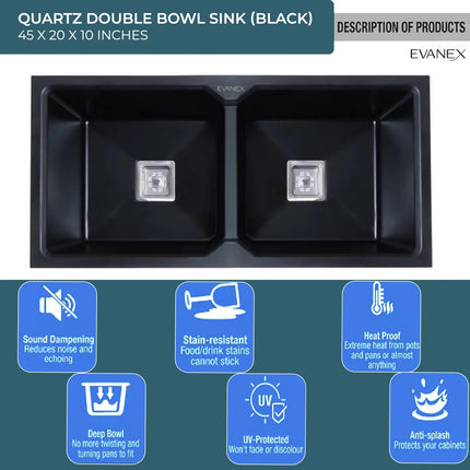 Quartz Double Bowl Kitchen Sink (45 x20 x 10 Inches) ( Black)