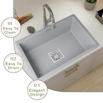 Quartz Single Bowl Kitchen Sink (24 x 18 x 9 Inches) ( Grey)