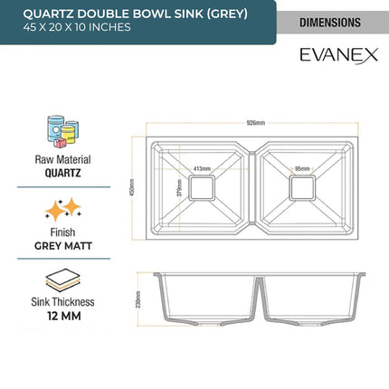 Quartz Double Bowl Kitchen Sink (45 x20 x 10 Inches) ( Grey)