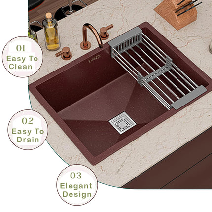 Quartz Single Bowl Kitchen Sink (24 x 18 x 9 Inches) (Brown)