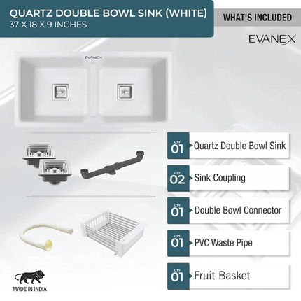 Quartz Double Bowl Kitchen Sink (37 x 18 x 9 Inches) ( White)