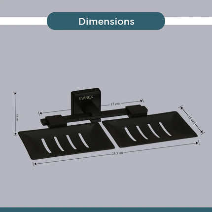 Evanex Stainless Steel Black Matt Twin Soap Dish for Bathroom (25.3X15X4.6 CM)