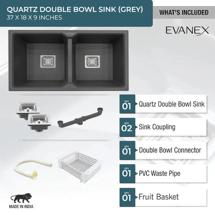Quartz Double Bowl Kitchen Sink (37 x 18 x 9 Inches) ( Grey)