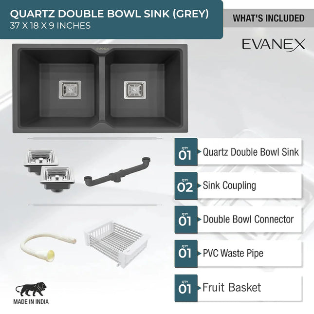 Quartz Double Bowl Kitchen Sink (37 x 18 x 9 Inches) ( Grey)