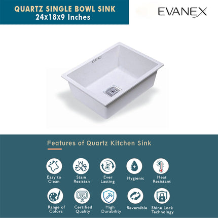 Quartz Single Bowl Kitchen Sink (24 x 18 x 9 Inches) ( White)