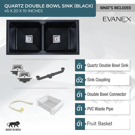 Quartz Double Bowl Kitchen Sink (45 x20 x 10 Inches) ( Black)