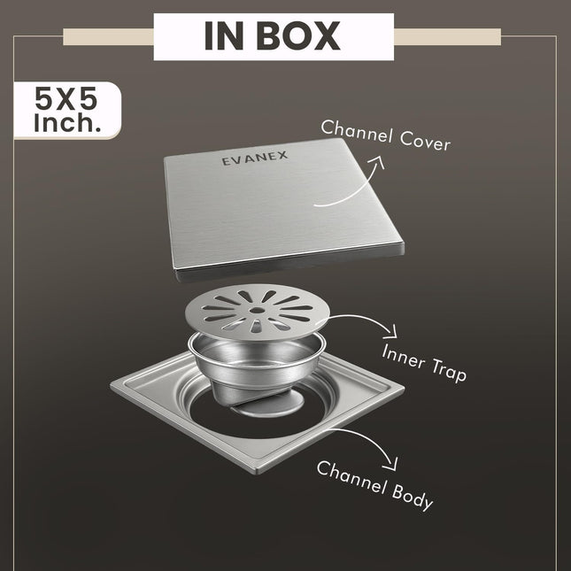 Sliver-Matt  Square Tile Insert Floor Drainer with Cockroach Trap (5X5 Inches)
