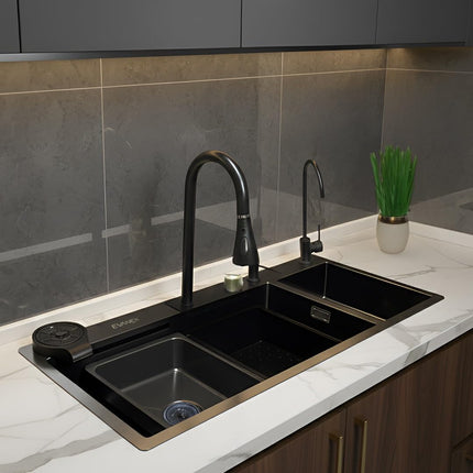 Waterfall Smart Kitchen Sink (37 x 18 x 9 Inches) | Double Bowl Heavy Stainless Steel Sink