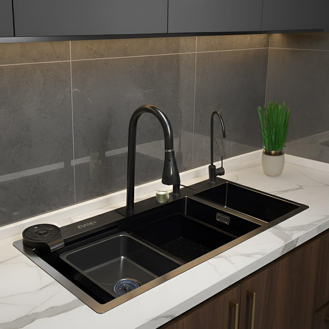 Waterfall Smart Kitchen Sink (37 x 18 x 9 Inches) | Double Bowl Heavy Stainless Steel Sink