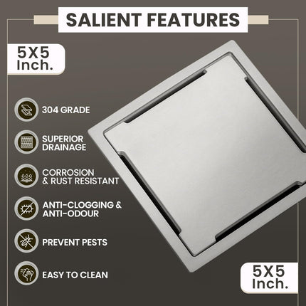 Sliver-Matt  Square Floor Drainer with Cockroach Trap (5X5 Inches)