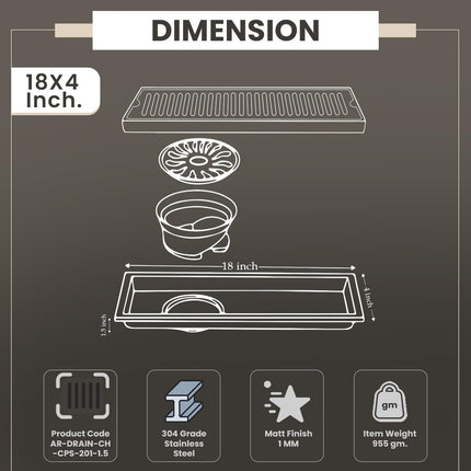 Sliver-Matt Shower Water Drain Channel with Cockroach Trap (18X4 Inches)