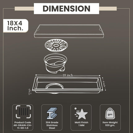 Sliver-Matt Tile Insert Shower Water Drain Channel with Cockroach Trap (18X4 Inches)