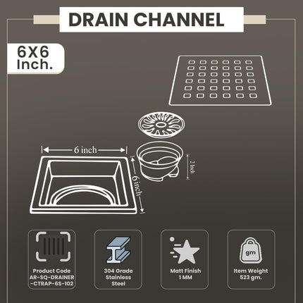Sliver-Matt  Square Floor Drainer with Cockroach Trap (6X6 Inches)