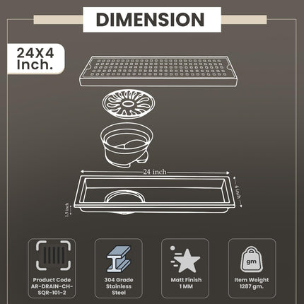 Sliver-Matt Shower Water Drain Channel with Cockroach Trap (24X4 Inches)