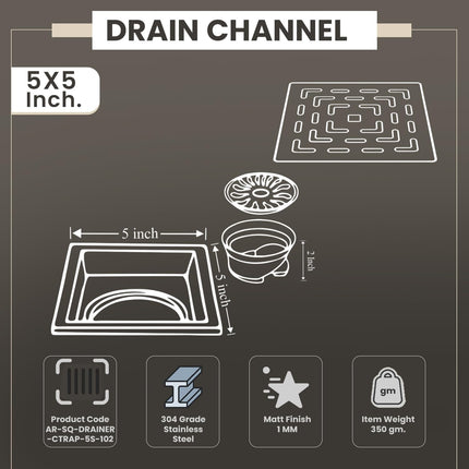 Sliver-Matt  Square Floor Drainer with Cockroach Trap (5X5 Inches)